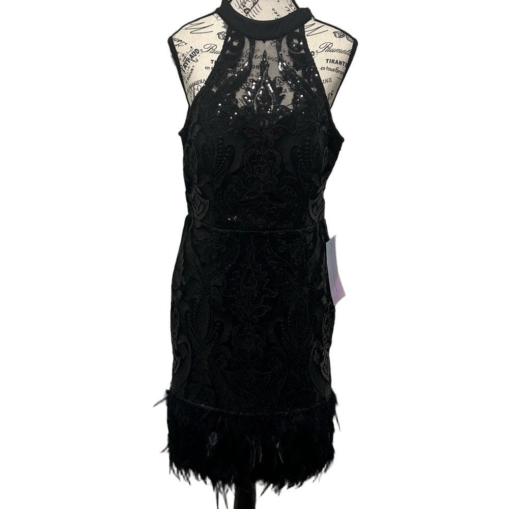 Minuet Petite Black Lace Sequin Halter Feather Hem Mini Dress NWT L